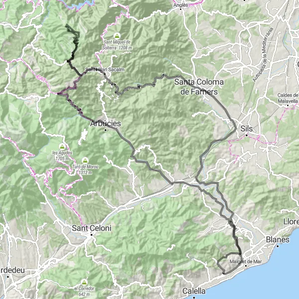 Miniatua del mapa de inspiración ciclista "Desafío épico de 142 km en road cycling" en Cataluña, Spain. Generado por Tarmacs.app planificador de rutas ciclistas