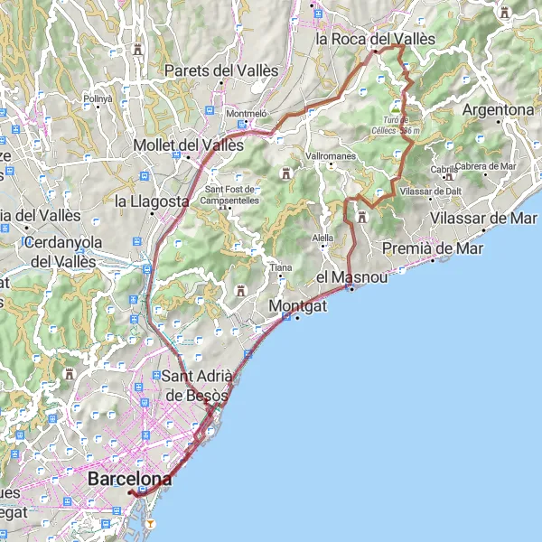 Miniature de la carte de l'inspiration cycliste "Les Collines de Barcelone" dans la Cataluña, Spain. Générée par le planificateur d'itinéraire cycliste Tarmacs.app