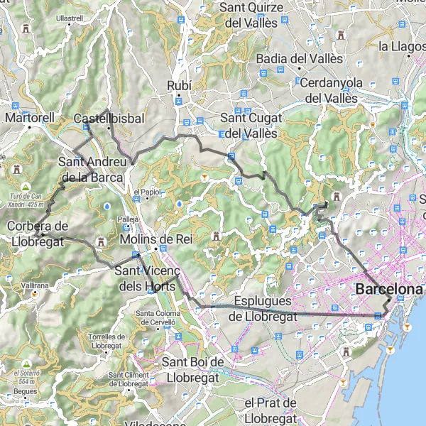 Miniatura della mappa di ispirazione al ciclismo "Avventura Ciclistica Verso Castellbisbal" nella regione di Cataluña, Spain. Generata da Tarmacs.app, pianificatore di rotte ciclistiche