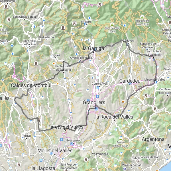 Miniaturní mapa "Zajímavá cesta okolo malebných městeček" inspirace pro cyklisty v oblasti Cataluña, Spain. Vytvořeno pomocí plánovače tras Tarmacs.app