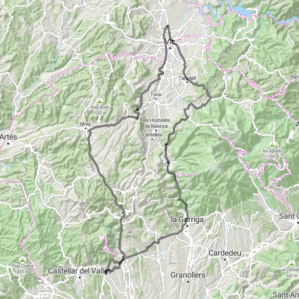 Miniature de la carte de l'inspiration cycliste "Circuit du Puig del Prat et du Turó del Seguer" dans la Cataluña, Spain. Générée par le planificateur d'itinéraire cycliste Tarmacs.app