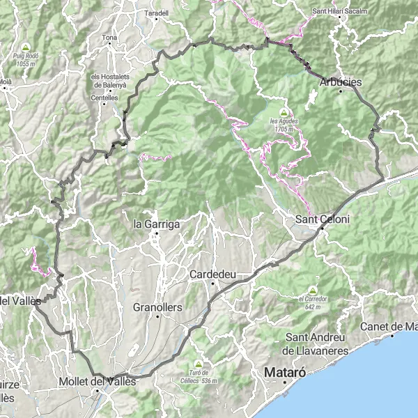 Miniatura della mappa di ispirazione al ciclismo "Giro in bici Strada Sentmenat-Sant Feliu de Codines-Breda" nella regione di Cataluña, Spain. Generata da Tarmacs.app, pianificatore di rotte ciclistiche