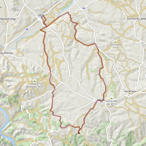 Miniaturní mapa "Do horských kopců kolem Seròs" inspirace pro cyklisty v oblasti Cataluña, Spain. Vytvořeno pomocí plánovače tras Tarmacs.app