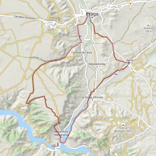 Miniatua del mapa de inspiración ciclista "Ruta de Gravel desde Seròs" en Cataluña, Spain. Generado por Tarmacs.app planificador de rutas ciclistas
