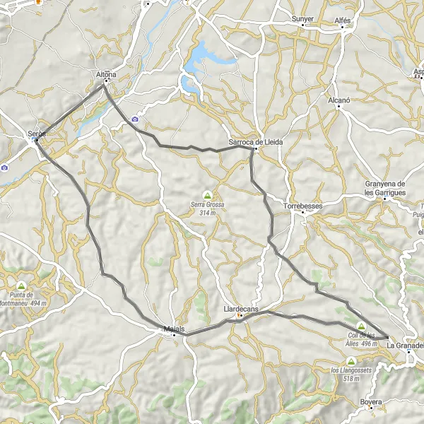 Map miniature of "The Road Adventure to Maials" cycling inspiration in Cataluña, Spain. Generated by Tarmacs.app cycling route planner