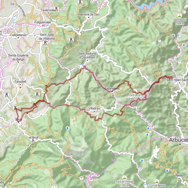 Miniatura della mappa di ispirazione al ciclismo "Giro in Gravel tra Seva e Molí del Sors" nella regione di Cataluña, Spain. Generata da Tarmacs.app, pianificatore di rotte ciclistiche