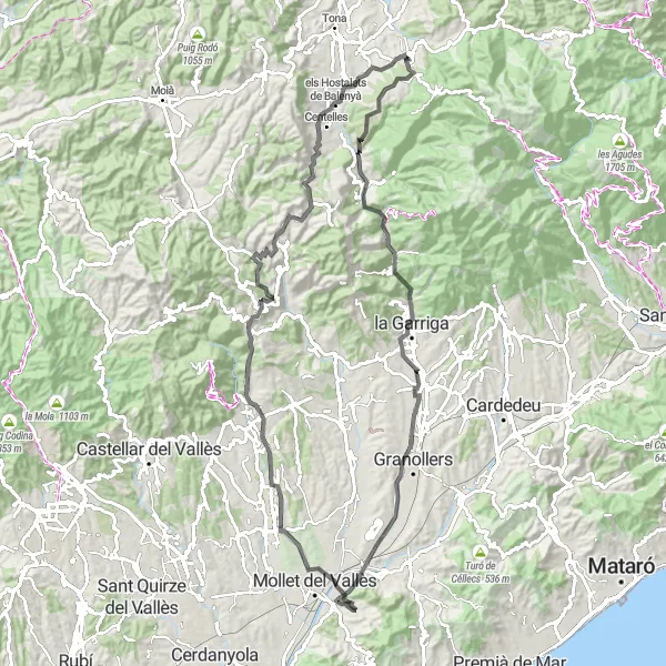 Miniatura della mappa di ispirazione al ciclismo "Giro in bici da Seva verso la Pianura di Martorelles" nella regione di Cataluña, Spain. Generata da Tarmacs.app, pianificatore di rotte ciclistiche