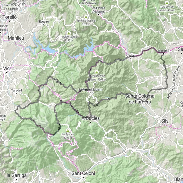 Miniatua del mapa de inspiración ciclista "Ruta de los 161km en carretera desde Seva" en Cataluña, Spain. Generado por Tarmacs.app planificador de rutas ciclistas