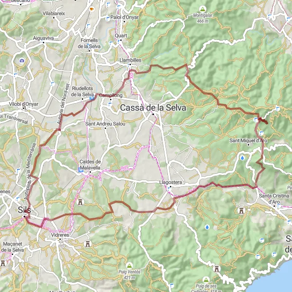 Miniatua del mapa de inspiración ciclista "Riudellots de la Selva - Castell de Malavella" en Cataluña, Spain. Generado por Tarmacs.app planificador de rutas ciclistas