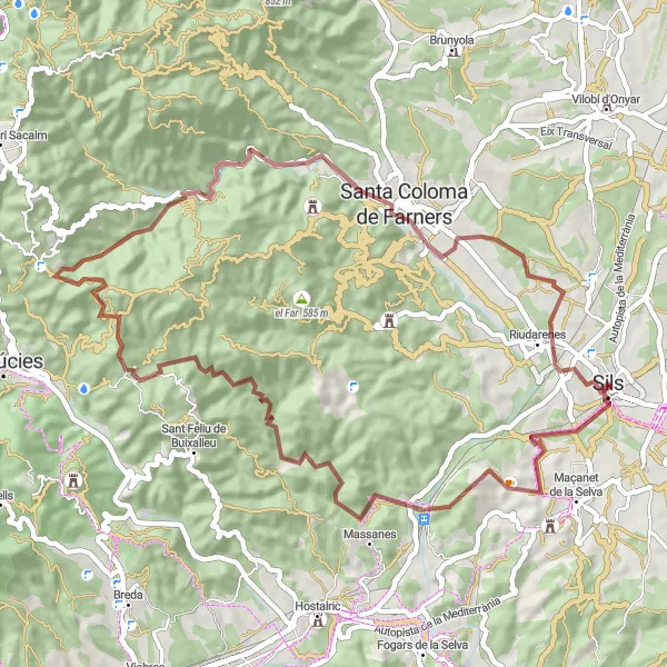 Miniatura della mappa di ispirazione al ciclismo "Esplora Sils e i suoi dintorni" nella regione di Cataluña, Spain. Generata da Tarmacs.app, pianificatore di rotte ciclistiche