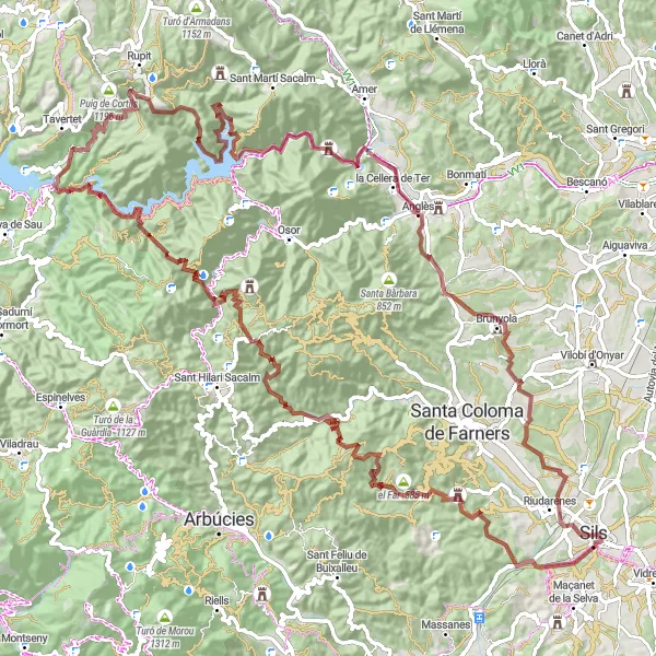 Miniatura della mappa di ispirazione al ciclismo "Esplorazione turistica tra l'Esparra e Riudarenes" nella regione di Cataluña, Spain. Generata da Tarmacs.app, pianificatore di rotte ciclistiche