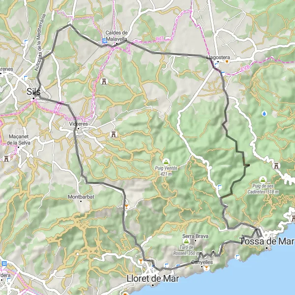 Miniatura della mappa di ispirazione al ciclismo "Tour di 64 km tra mare e montagne" nella regione di Cataluña, Spain. Generata da Tarmacs.app, pianificatore di rotte ciclistiche
