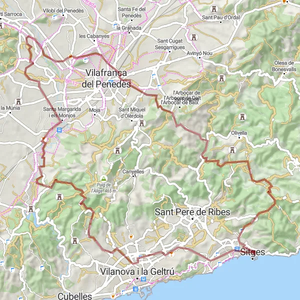 Miniaturní mapa "Gravelová trasa přes Pacs del Penedès a Turó de Miralpeix" inspirace pro cyklisty v oblasti Cataluña, Spain. Vytvořeno pomocí plánovače tras Tarmacs.app