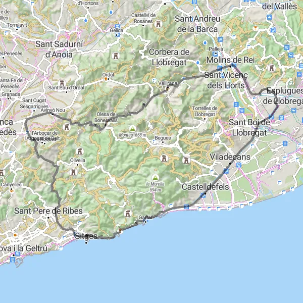 Miniaturekort af cykelinspirationen "Garraf Mountain og historiske seværdigheder" i Cataluña, Spain. Genereret af Tarmacs.app cykelruteplanlægger