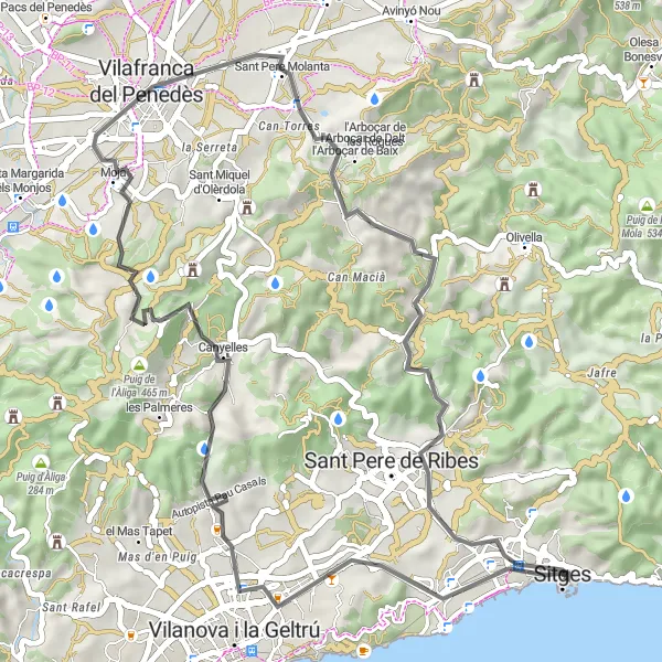 Map miniature of "Maricel Loop" cycling inspiration in Cataluña, Spain. Generated by Tarmacs.app cycling route planner