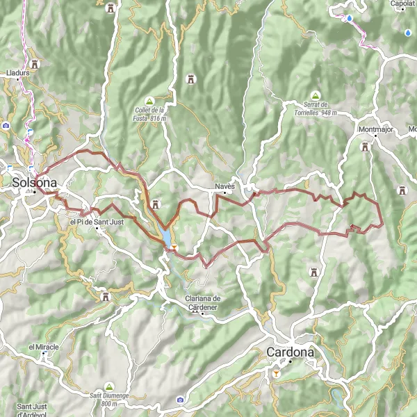 Map miniature of "The Gravel Delight" cycling inspiration in Cataluña, Spain. Generated by Tarmacs.app cycling route planner
