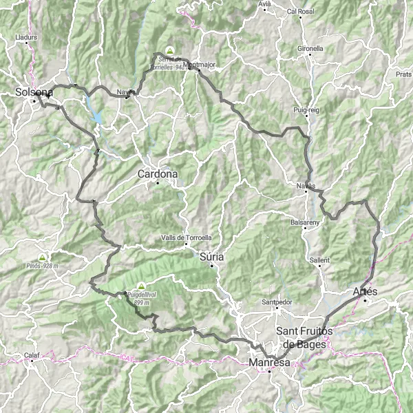 Map miniature of "The Solsona Epic Adventure" cycling inspiration in Cataluña, Spain. Generated by Tarmacs.app cycling route planner