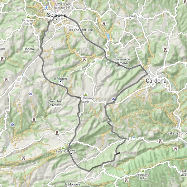 Miniatura della mappa di ispirazione al ciclismo "Giro in bicicletta da Solsona al Pi de Sant Just" nella regione di Cataluña, Spain. Generata da Tarmacs.app, pianificatore di rotte ciclistiche