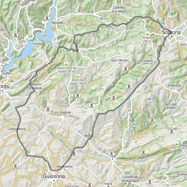 Miniatura della mappa di ispirazione al ciclismo "Avventura in Bicicletta tra le colline e i castelli vicino a Solsona" nella regione di Cataluña, Spain. Generata da Tarmacs.app, pianificatore di rotte ciclistiche