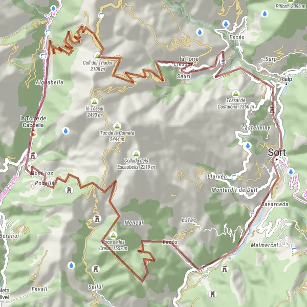 Miniatura della mappa di ispirazione al ciclismo "Avventura Gravel Mare de Déu de Fa" nella regione di Cataluña, Spain. Generata da Tarmacs.app, pianificatore di rotte ciclistiche