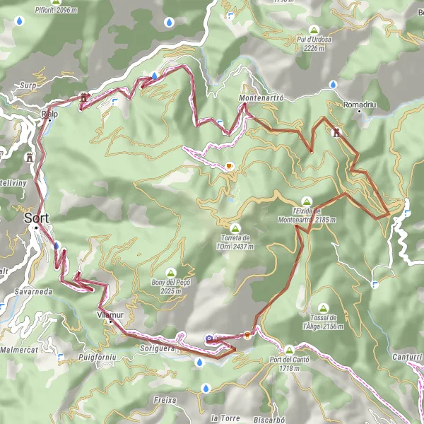 Karten-Miniaturansicht der Radinspiration "Erkunden Sie die wilden Wege rund um Sort auf dieser 56 km langen Schotterradtour" in Cataluña, Spain. Erstellt vom Tarmacs.app-Routenplaner für Radtouren