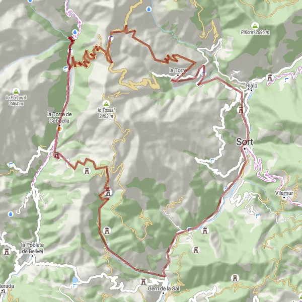 Miniatua del mapa de inspiración ciclista "Ruta de ciclismo de gravel cerca de Sort" en Cataluña, Spain. Generado por Tarmacs.app planificador de rutas ciclistas