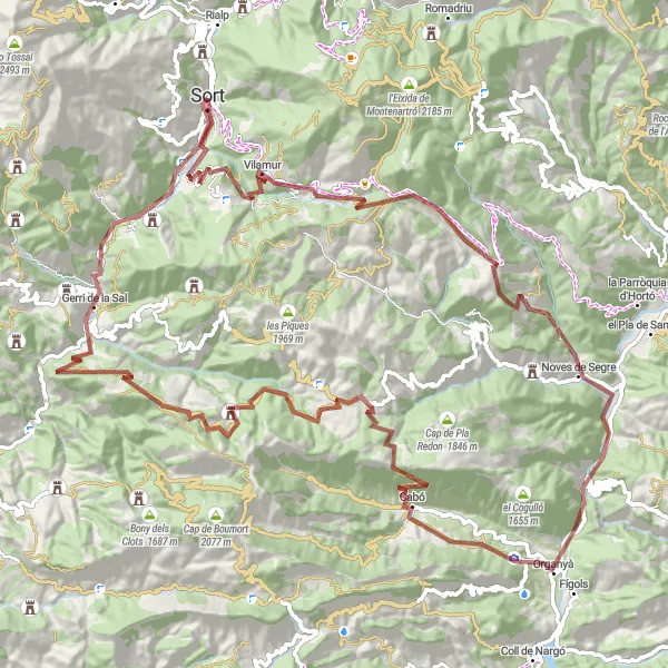 Miniatuurkaart van de fietsinspiratie "Gravelroute rond Sort: Organyà en Roca Punxeguda" in Cataluña, Spain. Gemaakt door de Tarmacs.app fietsrouteplanner