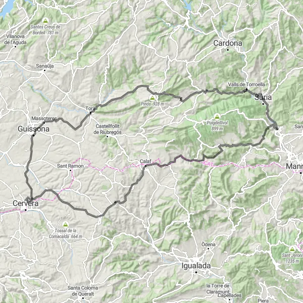 Map miniature of "Scenic Road Cycling Circuit near Súria" cycling inspiration in Cataluña, Spain. Generated by Tarmacs.app cycling route planner