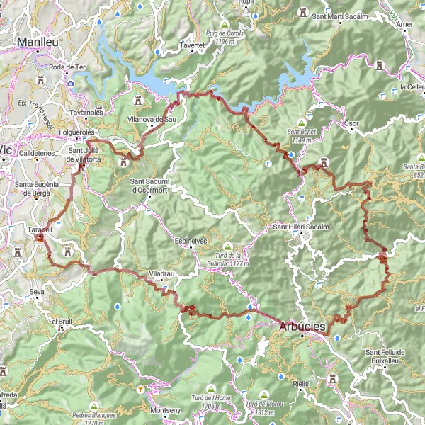 Miniature de la carte de l'inspiration cycliste "Le chemin des châteaux et montagnes" dans la Cataluña, Spain. Générée par le planificateur d'itinéraire cycliste Tarmacs.app