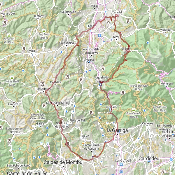 Miniatuurkaart van de fietsinspiratie "Gravel Route naar Taradell" in Cataluña, Spain. Gemaakt door de Tarmacs.app fietsrouteplanner