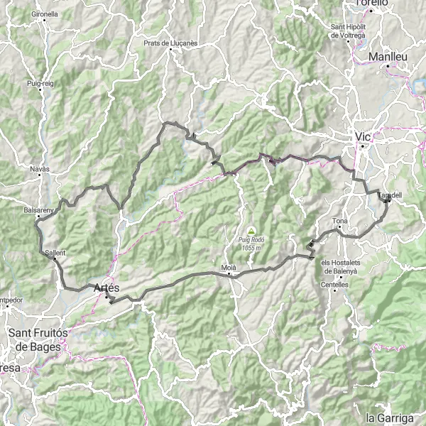 Miniatura della mappa di ispirazione al ciclismo "Road di Taradell a Santa Eulàlia de Riuprimer" nella regione di Cataluña, Spain. Generata da Tarmacs.app, pianificatore di rotte ciclistiche