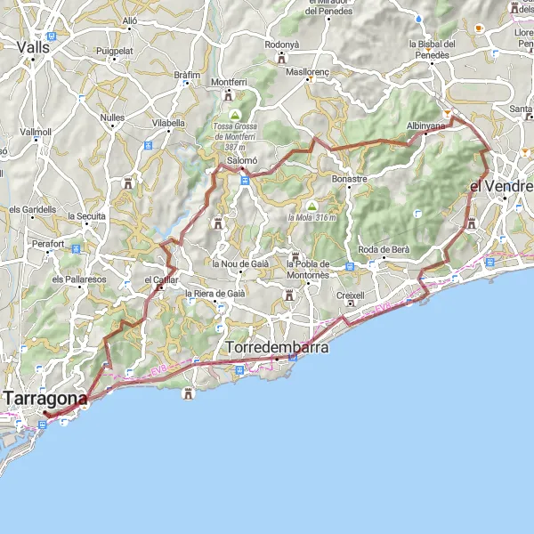 Miniaturní mapa "Okruh Tarragona Gravel" inspirace pro cyklisty v oblasti Cataluña, Spain. Vytvořeno pomocí plánovače tras Tarmacs.app