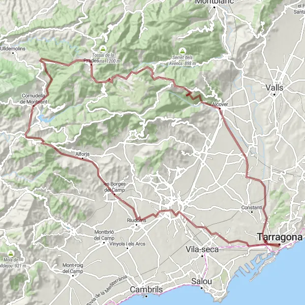 Miniatua del mapa de inspiración ciclista "Vuelta a Tarragona Gravel Extensa" en Cataluña, Spain. Generado por Tarmacs.app planificador de rutas ciclistas