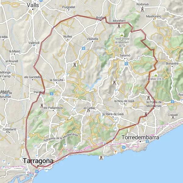 Miniatura della mappa di ispirazione al ciclismo "Esplorazione in bicicletta tra Tarragona e Perafort" nella regione di Cataluña, Spain. Generata da Tarmacs.app, pianificatore di rotte ciclistiche