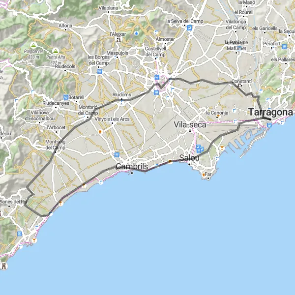 Map miniature of "Costa Dorada Loop" cycling inspiration in Cataluña, Spain. Generated by Tarmacs.app cycling route planner