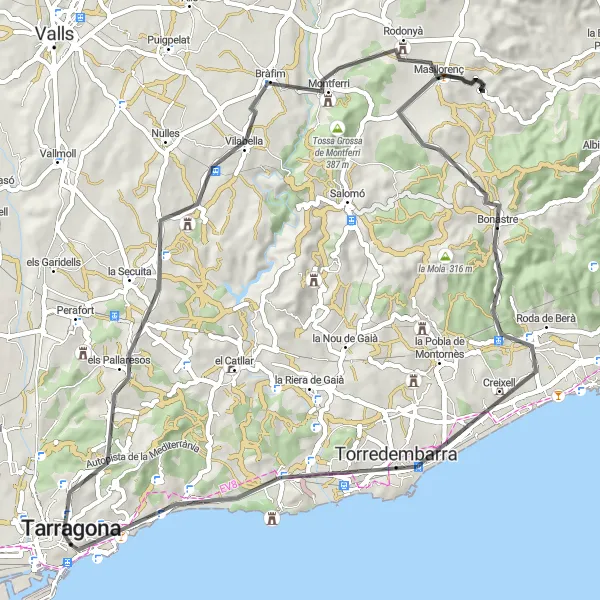 Miniature de la carte de l'inspiration cycliste "Le Tour des Villages du Tarragonès" dans la Cataluña, Spain. Générée par le planificateur d'itinéraire cycliste Tarmacs.app