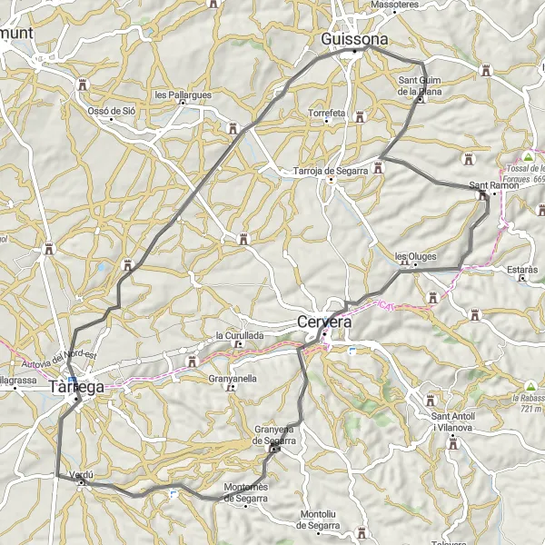 Miniatura mapy "Trasa szosowa Tossal de Lluçà-Riudovelles-Tossal del Fuster-Castell de Sant Guim de la Plana-Tossal de Miralles-Cervera-Castell de Verdú-Tàrrega" - trasy rowerowej w Cataluña, Spain. Wygenerowane przez planer tras rowerowych Tarmacs.app