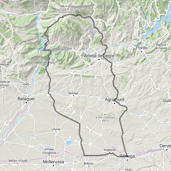 Map miniature of "Challenging and Serene: Camarasa and Santa Maria de Meià" cycling inspiration in Cataluña, Spain. Generated by Tarmacs.app cycling route planner