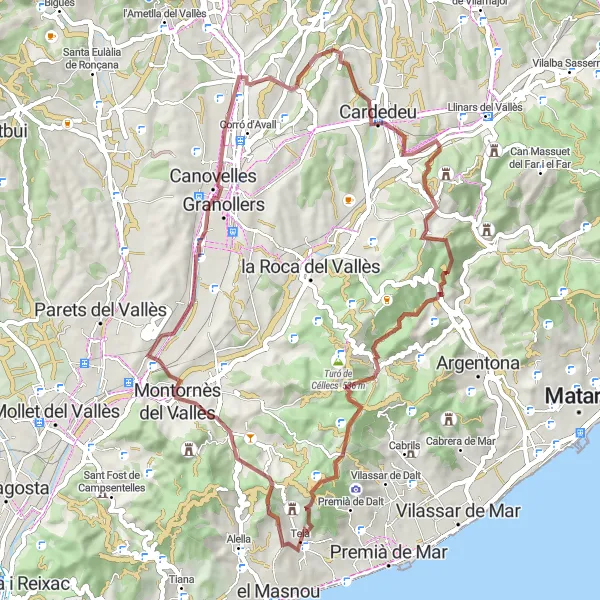 Miniatura della mappa di ispirazione al ciclismo "Giro in gravel da Teià a Sant Mateu" nella regione di Cataluña, Spain. Generata da Tarmacs.app, pianificatore di rotte ciclistiche