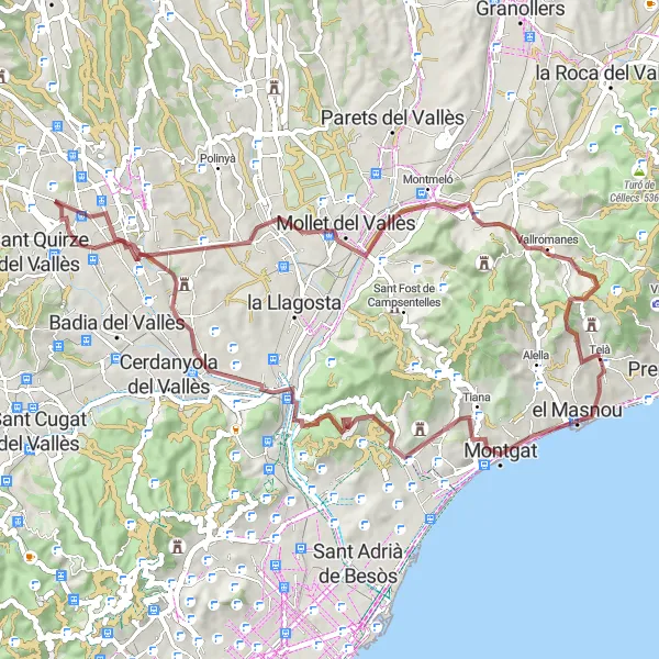 Miniatura della mappa di ispirazione al ciclismo "Escursione in bicicletta gravel a Montgat" nella regione di Cataluña, Spain. Generata da Tarmacs.app, pianificatore di rotte ciclistiche