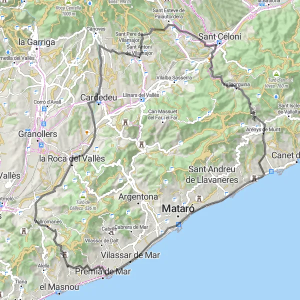 Miniature de la carte de l'inspiration cycliste "Randonnée entre Turos Catalans" dans la Cataluña, Spain. Générée par le planificateur d'itinéraire cycliste Tarmacs.app