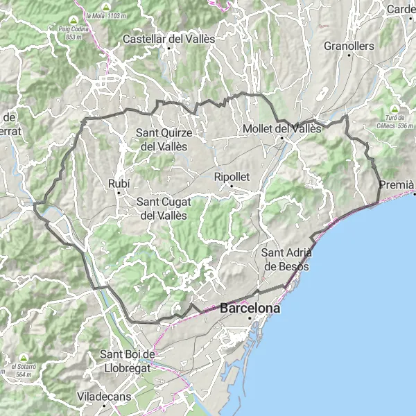 Miniatura della mappa di ispirazione al ciclismo "Giro in bicicletta stradale verso Montgat" nella regione di Cataluña, Spain. Generata da Tarmacs.app, pianificatore di rotte ciclistiche