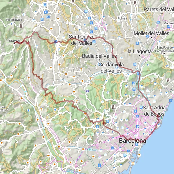 Map miniature of "Exploring Terrassa's Valleys" cycling inspiration in Cataluña, Spain. Generated by Tarmacs.app cycling route planner