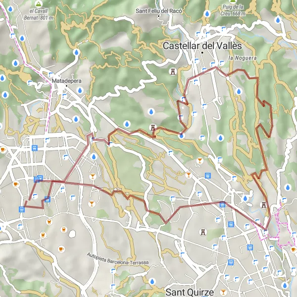 Miniatuurkaart van de fietsinspiratie "Terrassa via Magatzem Joaquim Alegre en Turó de Can Canyameres" in Cataluña, Spain. Gemaakt door de Tarmacs.app fietsrouteplanner