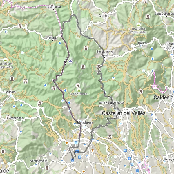 Miniature de la carte de l'inspiration cycliste "Route autour de Terrassa via Sant Llorenç Savall" dans la Cataluña, Spain. Générée par le planificateur d'itinéraire cycliste Tarmacs.app