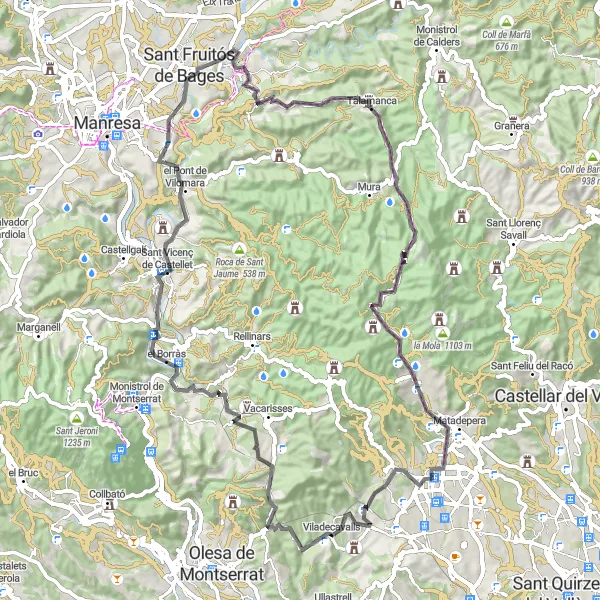 Miniatura della mappa di ispirazione al ciclismo "Avventura in bicicletta attraverso Viladecavalls e Matadepera" nella regione di Cataluña, Spain. Generata da Tarmacs.app, pianificatore di rotte ciclistiche