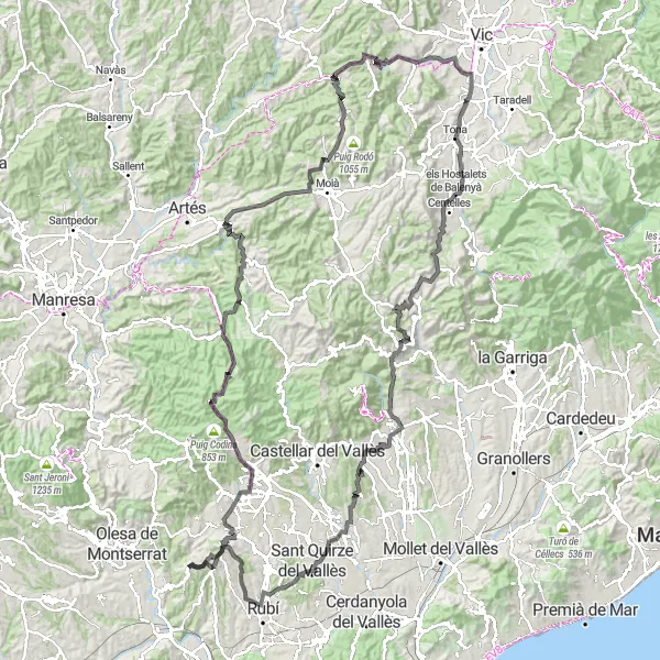 Map miniature of "Road Cycling Loop from Terrassa" cycling inspiration in Cataluña, Spain. Generated by Tarmacs.app cycling route planner