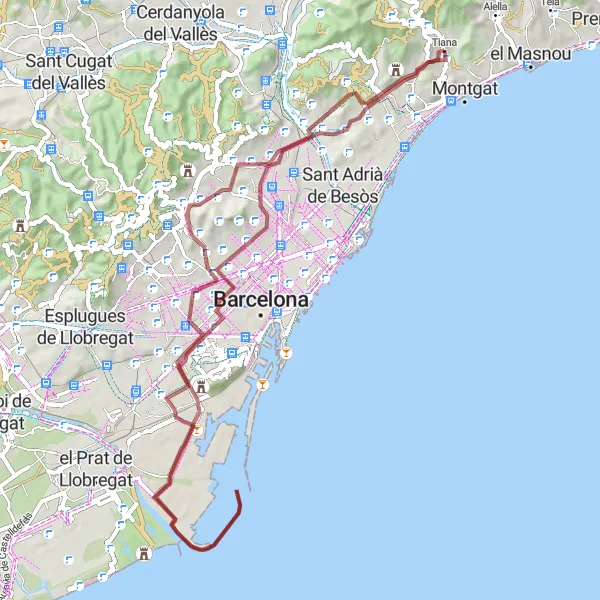 Miniatura della mappa di ispirazione al ciclismo "Tour in bicicletta tra Tiana e Casa Vicens" nella regione di Cataluña, Spain. Generata da Tarmacs.app, pianificatore di rotte ciclistiche