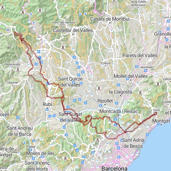 Map miniature of "Tiana Gravel Route 2" cycling inspiration in Cataluña, Spain. Generated by Tarmacs.app cycling route planner