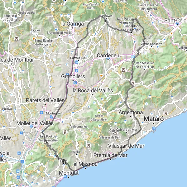 Miniatuurkaart van de fietsinspiratie "Cultuur en natuur rondom Tiana" in Cataluña, Spain. Gemaakt door de Tarmacs.app fietsrouteplanner